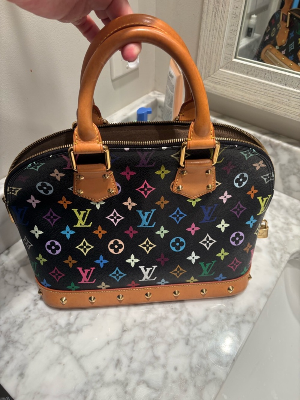 Louis Vuitton Black Multicolor Monogram Alma Satchel with Tan Trim